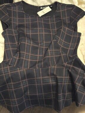 NY&C Navy and Brown Plaid Peplum Dress with Cap Sleeves